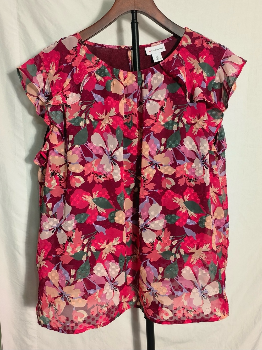 Liz Claiborne Floral Swiss Dot Ruffle Sleeve Blouse XXL